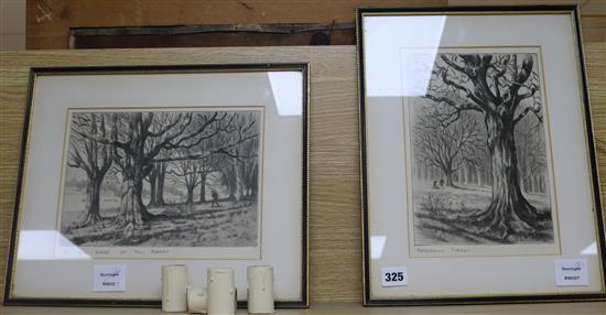 Hughes, two dry point etchings, Savernake Forest and On the edge of the Forest